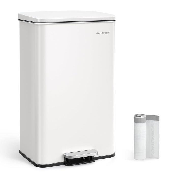 Сміттєве відро SONGMICS 40 л з педаллю, сталеве, з м'яким закриттям, 15 мішків, LTB540A02 (біле)