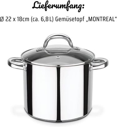 Каструля для овочів GSW 990264 Montreal з кришкою, ручки з холодної сталі, підходить для індукції та духовки, нержавіюча сталь, діаметр 24 см, срібло / прозоре (22 см)