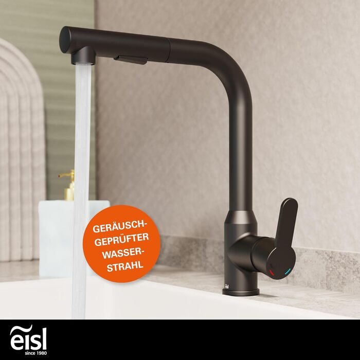 Кран кухонний гнучкий EISL Flexo з нержавіючої сталі/чорний, 360° обертання, високий вилив, шланг Soft-Touch, 2 функції, NI186FLNIB