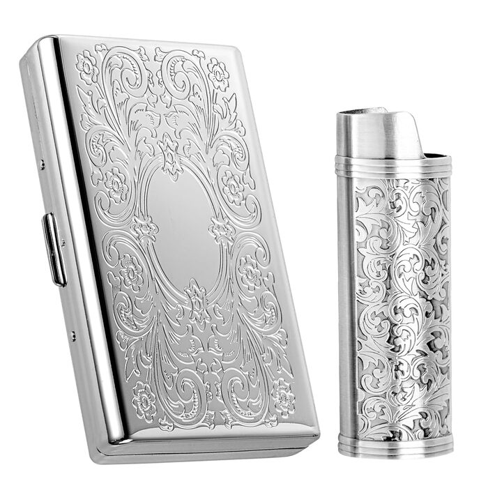 Вінтажне металеве тютюнотримач для сигарет з запальничкою J6, вміщує 12 шт. сигарет (100 мм), органайзер для RFID-карт та грошей (срібний)