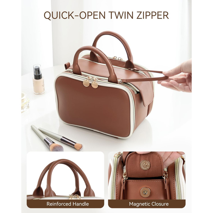 Косметичка-органайзер велика містка з водонепроникним покриттям та ручкою, з декількома відділеннями (колір: кавовий)