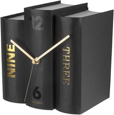 Karlsson KA5628 Table Clock, Trompe-l'oeil Books, Book, Stiff Cardboard and Metal, H20 x 20 x 15 cm (Standard Size, Black)