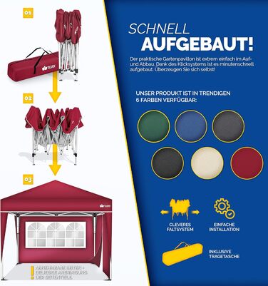 3x3m Waterproof Gazebo | Pop-Up Folding Gazebo with Adjustable Height | Garden Tent with UV Protection 50+ | Party Tent with Bag for Garden (Red - with 2 Side Panels)