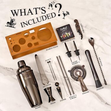750ml Stainless Steel Cocktail Shaker Set with Bamboo Stand & Recipe Book - 17 Piece Bar Set for Bartenders, Gifts for Women