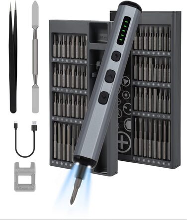 Електрична викрутка 70 в 1 з набором S2 біт, 4 LED, 200 RPM, для ремонту годинників, ПК, телефонів (срібно-чорний)