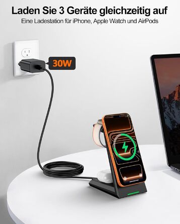 Магнітна зарядна станція 3-в-1 ADADPU для Apple, блок живлення 30 Вт, чорна