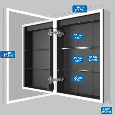 LED дзеркальна шафка для ванної кімнати KWW з підсвічуванням, регульованою температурою світла, протитуманним покриттям та USB роз'ємами (2 дверцята, 80x70 см)