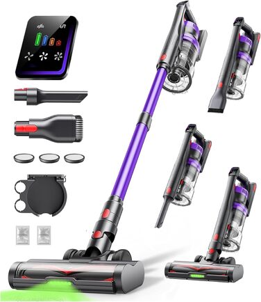 Бездротовий акумуляторний пилосос 600W, 50KPa, 65 хвилин роботи, з HD-дисплеєм, ароматерапією, контейнером 1,8L, світлодіодне освітлення, щітка для килимів, твердих поверхонь та шерсті тварин