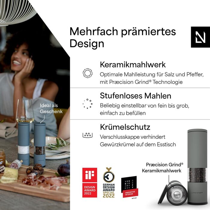 Набір ручних мельниць для солі та перцю LARS NYSØM з регульованим керамічним жорном | Набір з 2 штук, нержавіюча сталь, сірий колір