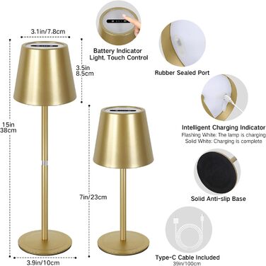 LED настільна лампа OUTON 2 шт. Бездротова, з регулюванням яскравості, 3 режими кольору, USB-C, IP54, 30 годин роботи, для дому та вулиці, чорний/золотий