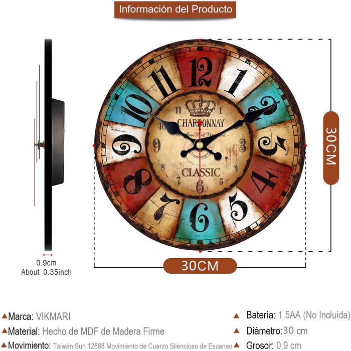 VIKMARI Quartz Wall Clock Wood Silent Hanging Clock, Battery-Powered Round Rustic Clock, Easy to Read Vintage Indoor Wall Clock || 14' (Colorful Arabic Numerals, 30 cm)