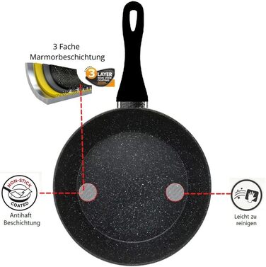 Набір сковорідок, чорний колір, з ефектом граніту - 3 шт. (28 см + 24 см + 20 см), антипригарне покриття, для індукційних, газових та склокерамічних плит