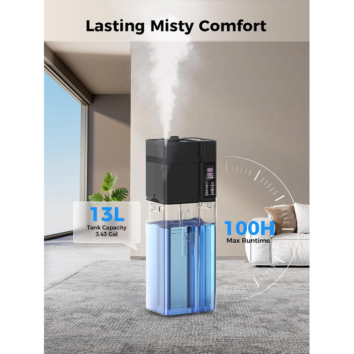 Зволожувач повітря великого приміщення 13л з аромадіфузором, 800ft², 100 годин роботи, автоматичне регулювання вологості, верхнє заповнення, тихий (35dB), режим сну, таймер 24 години