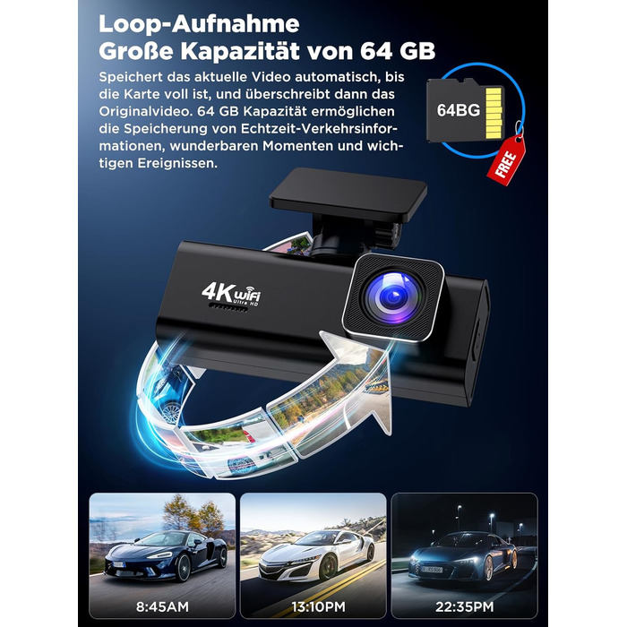 Відеореєстратор Topabol Dashcam Auto 4K + 1080P з Wi-Fi, двома камерами, нічним баченням, G-сенсором та підтримкою карт пам'яті до 256GB