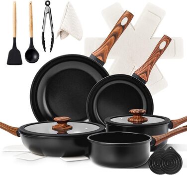 Набір каструль LEADZM з керамічним покриттям (22 частини) - сумісний з усіма плитами, без PFOA/PFOS, бежевий + чорний та натуральний кольори