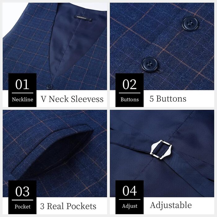 Жилет для чоловіків HISDERN з візерунком у клітинку, блакитний, бавовна | Формальний костюмний жилет