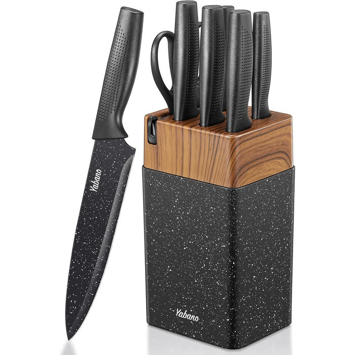 Набір кухонних ножів Yabano 7 предметів з підставкою та точилкою, кухонний набір з пластиковою підставкою Speckled