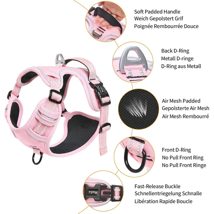 Шлейка для собак HEELE з регулюванням натягу, світловідбиваючі елементи, м'яка ручка, контроль, 2 металеві кільця, для малих, середніх та великих собак, Aree, Зелений, C-Aree Grün (XS, Uni-Pink)