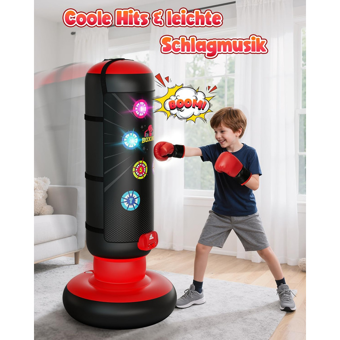 Інтерактивна дитяча боксерська груша з підсвіткою та звуком, надувна, з рукавичками, для хлопчиків 6-12 років, червона