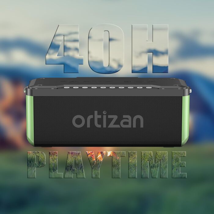 Ortizan Bluetooth колонка портативна 80 Вт, IPX7 водонепроникна, LED підсвітка, 12 год. роботи, Powerbank, стерео-з'єднання, зелено-чорна