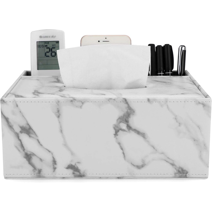 BSTKEY Tissue Box Rectangular Faux Leather Tissue Box with Remote Control (White Marble)