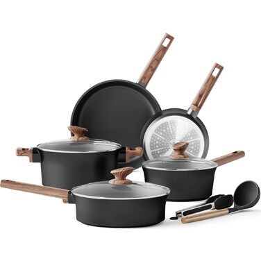 Набір кухонного посуду Kitchen Academy з антипригарним покриттям для індукції, 10 предметів: каструлі та сковороди з керамічним покриттям та скляними кришками