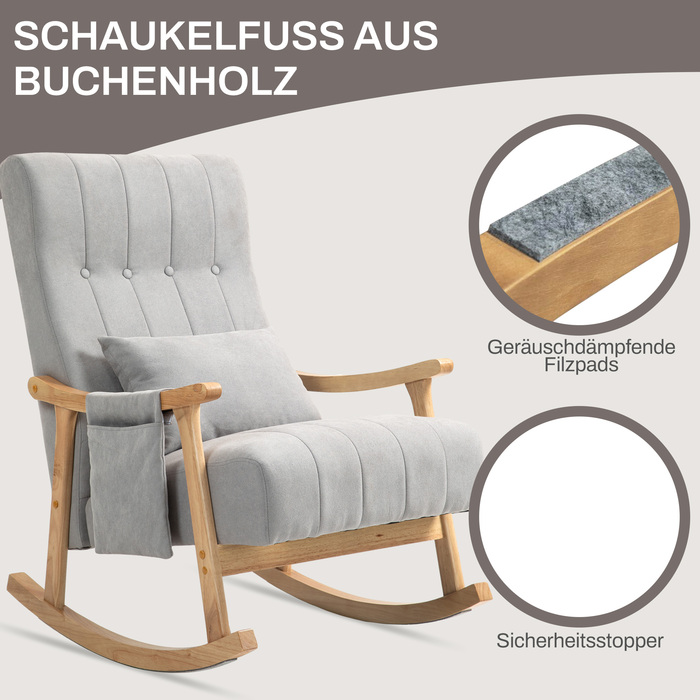 HOMCOM Rocking Chair with Kidney Pillow, Wide Seat, Beech Frame, Up to 120 kg (265 lbs), Grey
