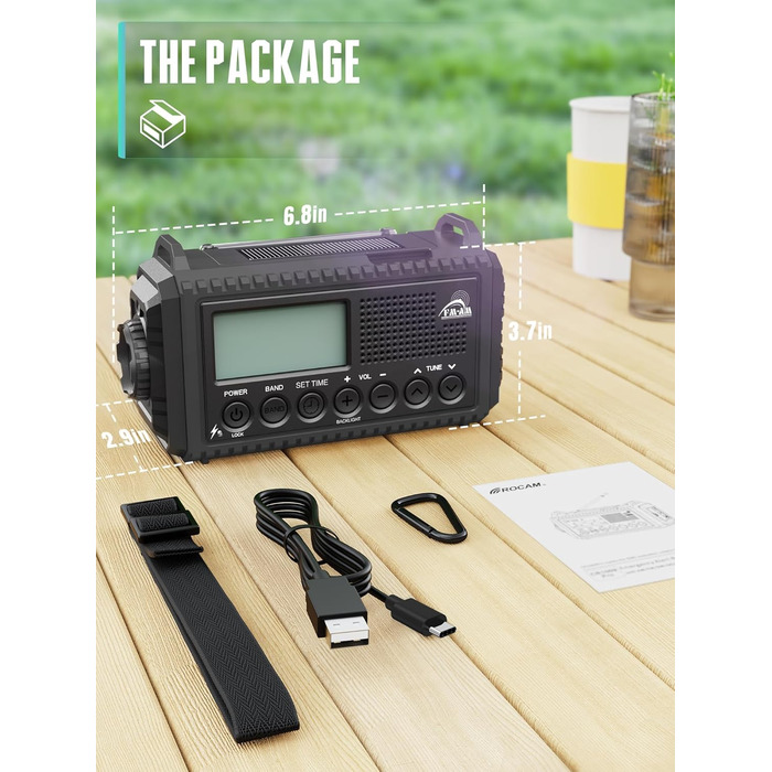 Радіо на сонячній батареї та з ручним генератором | Powerbank 12000mAh, AM/FM/SW, SOS, USB-C, IPX4, ліхтарик, для кемпінгу та відпочинку на природі (чорний)