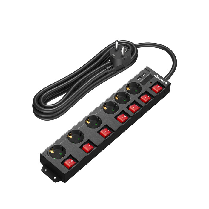 Мережевий фільтр DEWENWILS з індивідуальним керуванням, 6 розеток з 2 USB, настінний, 3680W/16A, захист від перенапруги, захист від дітей, кут 90°, кабель 5м, чорний