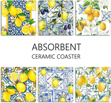 Coasters for drinks, 6 pieces, yellow lemon, fruit, blue ceramic tiles, pattern, absorbent, square, ceramic stone mat, with cork base and metal holder, housewarming gift