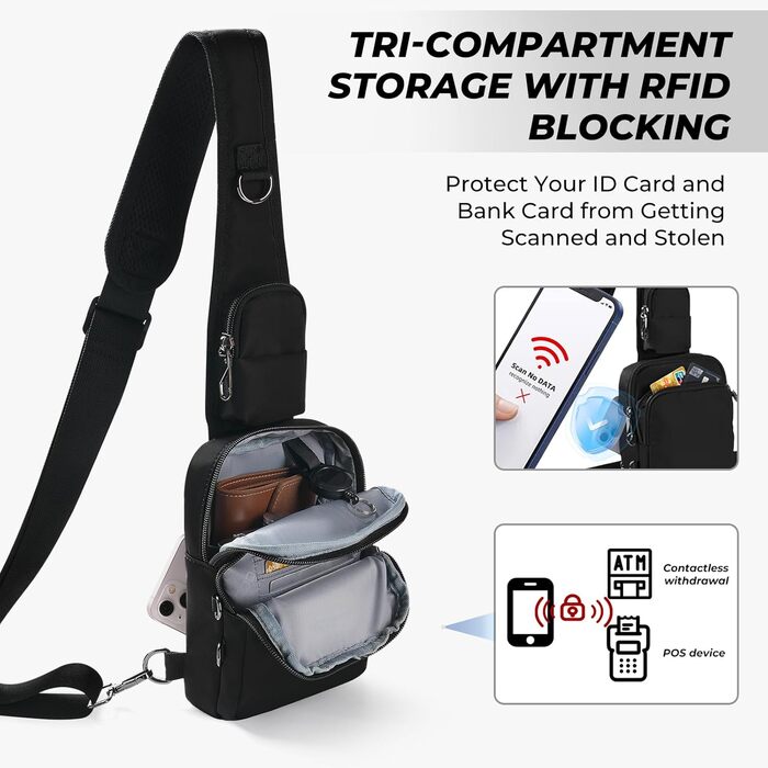Чоловіча/Жіноча нагрудна сумка через плече Anti Diebstahl, чорна, водовідштовхуюча, з RFID-блокуванням