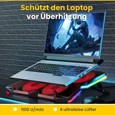 Охолоджувач для ноутбука Offgridtec K25 Pro: підставка з 4 тихими вентиляторами (1100 об/хв), 2 USB-порти, регулювання висоти, ергономічний дизайн для ігрових ноутбуків та консолей 10-17 дюймів, червоний