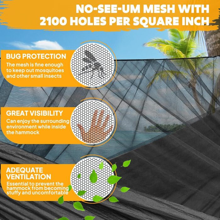 Гамак для кемпінгу NatureFun з москітною сіткою | Макс. навантаження 300 кг, 290 x 140 см | Швидковисихаючий нейлон, повний комплект, чорний