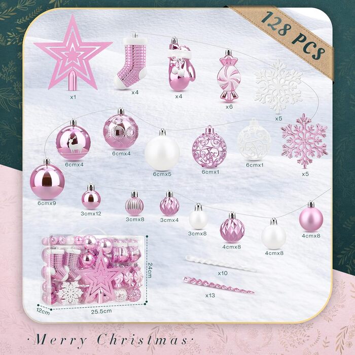 Набір ялинкових прикрас SOLEDI® 128шт. Преміум якість: рожеві та білі пластикові кулі з зіркою та верхівкою. Міцний та безпечний набір прикрас з петельками. Яскраві ялинкові кулі, багаторазовий декор для Різдва.