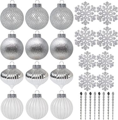 SLEETLY 28шт Білозолоті Новорічні Кулі для Прикраси Ялинки - Набір Декоративних Орнаментів, Сніжинки та Крижані Шарм, Стійкі до Ударів, для Святкового Прикрашання