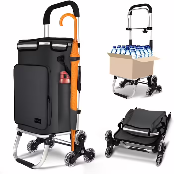 VOUNOT® Aluminum Shopping Trolley Stair Climber, 3-in-1 Trolley Shopping Cart Foldable, Hatching Cart with Cooler Compartment and Hooks, 6 Wheels & Large Capacity, Waterproof, (60L, Black)