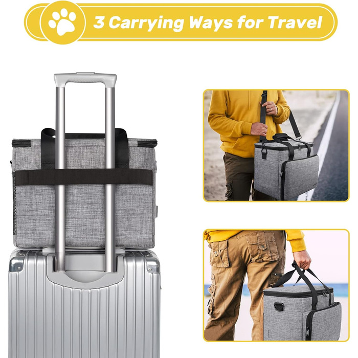 Сумка для собак у подорожі, схвалена авіаперевізниками, сіра сумка-переноска з двома складними мисками та кишенькою для ласощів