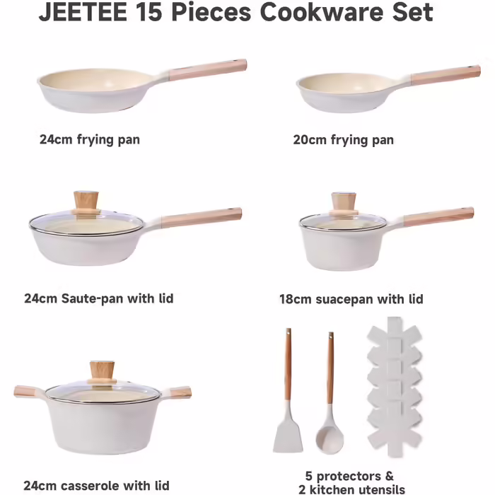 JEETEE Ceramic Cookware Set, 15-Piece, Non-Stick Granite Cookware Set, Slope Design, Induction Cookware Set, Cookware Set with Lid, Frying Pan, Saucepan, Stockpot, PFOS/PFOA Free, Grey