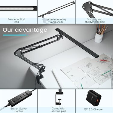 Світлодіодна лампа для робочого столу, кріпиться на край столу, архітектурна лампа з адаптером QC3.0, лінза Френеля, чорна