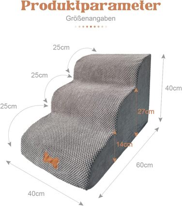 3-Step Dog Stairs for Small Dogs, Bounabay Removable Dog Ramp, Washable Portable Ladder Pet Stairs for Sofa Bed, Cat Stairs Made of Sponge, 40 cm High Dog Stairs