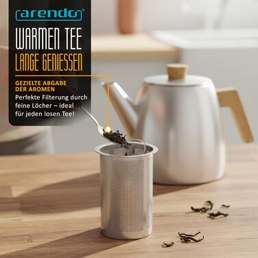 Заварник для чаю Arendo з нержавіючої сталі з ситом, 1000 мл, термос з подвійними стінками та дерев'яними ручками, сріблястий