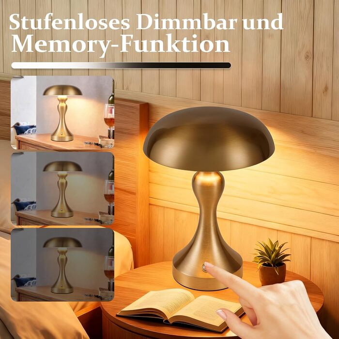 Бездротова настільна лампа з LED-підсвічуванням - торшер на акумуляторі, сенсорне керування, регулювання яскравості, вінтажний дизайн, USB-зарядка, нічник для спальні/вітальні, золото/бронза