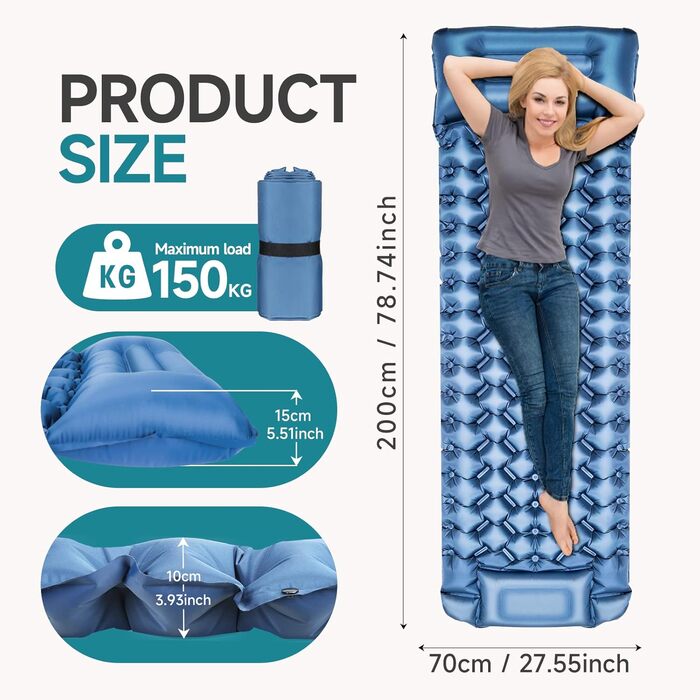 Bluever Inflatable Camping Mat - Lightweight Sleeping Pad for Outdoor Adventures | Waterproof & Non-Slip