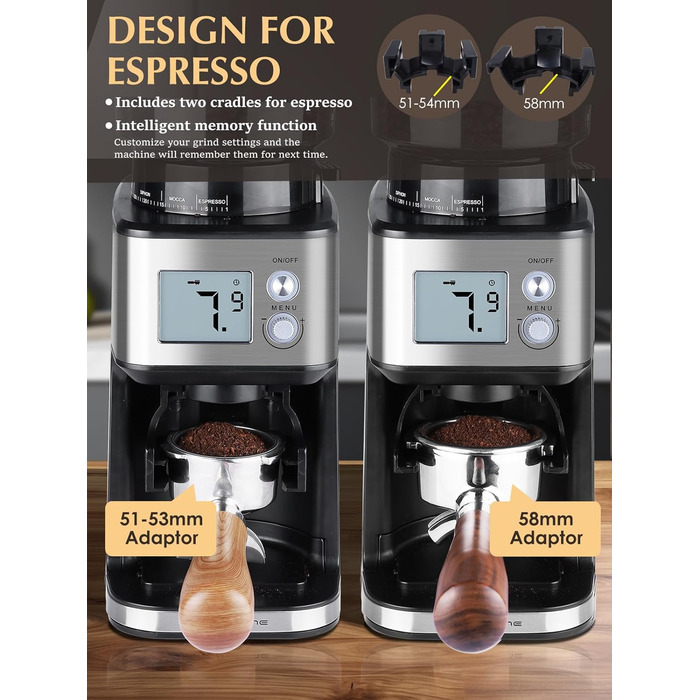 Електрична кавомолка Homtone для еспресо та френч-прес, 51 ступінь помолу, нержавіюча сталь, LCD-дисплей, 165W