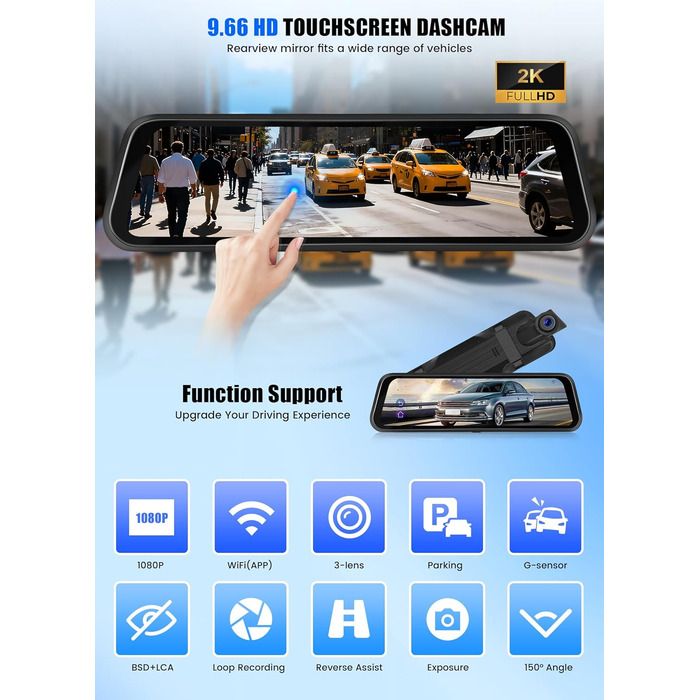 Дзеркало заднього виду з відеореєстратором CAMECHO 2K Full HD, 9.66