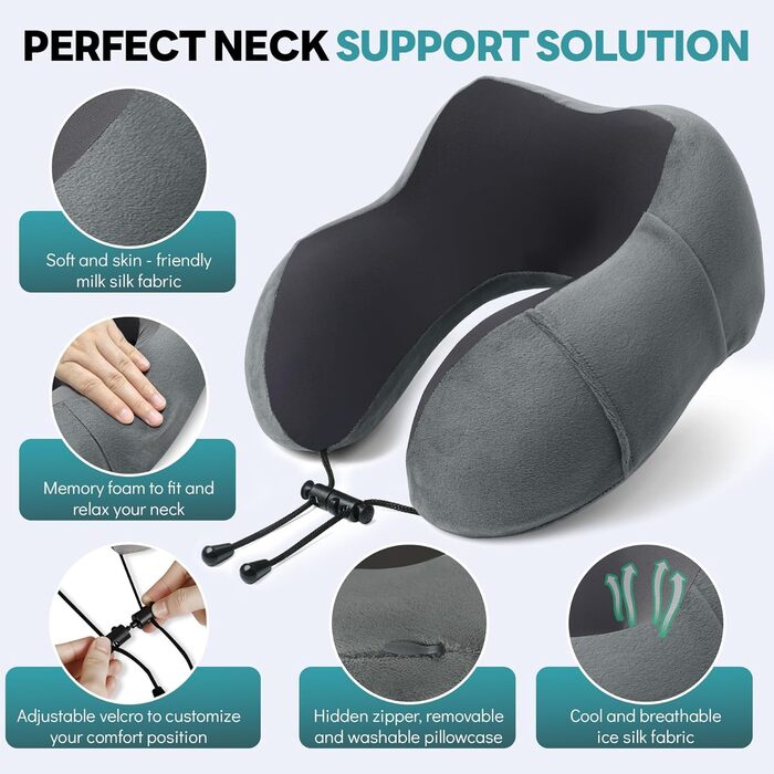 Подушка для шиї у літак - подушка для подорожей Memory Foam, ергономічна форма - подушка для шиї з маскою для сну, навушниками, сумкою - ідеально для літака, подорожей, офісу, дому (Сірий)