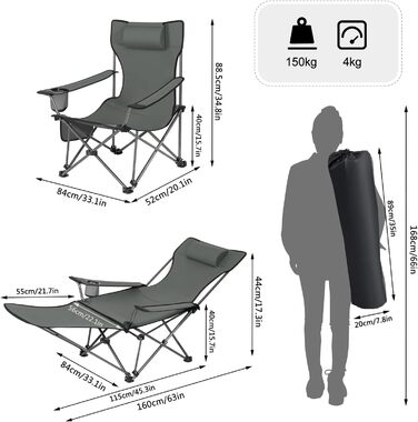 Набір кемпінгових стільців WOLTU 2 шт. з підставкою для ніг, пляжний стілець 2-в-1, вудильник, з підсклянником та сумкою для зберігання (Сірий)