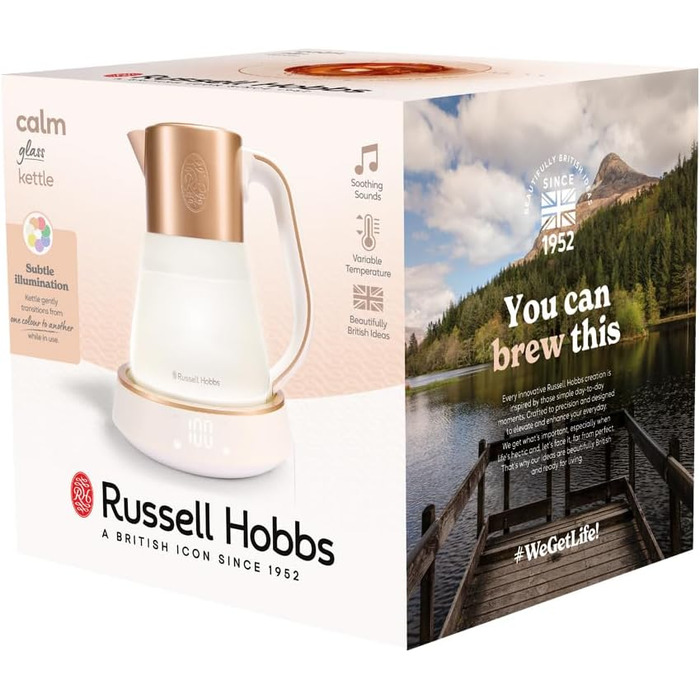 Russell Hobbs Glass Kettle [1.7L, Temperature Setting 40-100°] Calm (LED Lighting, Soothing Sounds, Quiet-Boil Technology, Keep-Warm Function, Digital Display, Touch Control, 2400W) 27450-70