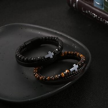 Чоловічий браслет Dochais: нержавіюча сталь, шкіряний ремінець, хрест Ісуса Христа, плетіння з натурального каменю, магнітна застібка, чорний, 21 см