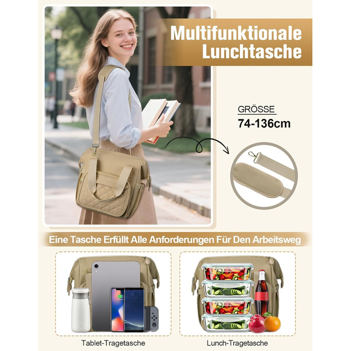 Термосумка 20 л, водонепроникна ізольована сумка/ланч-сумка з великим отвором, виготовлена з витокостійкого матеріалу PEVA, з кількома відділеннями та плечовим ременем – для роботи, школи, автомобіля, пікніка (Хакі)